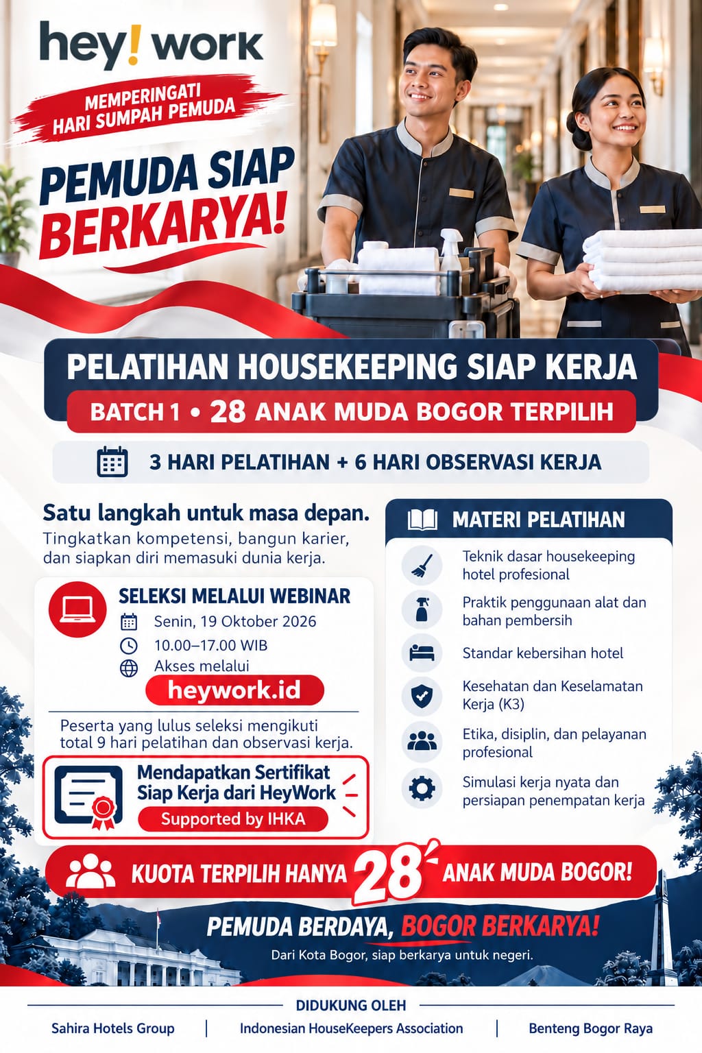 Flyer Pelatihan Housekeeping Siap Kerja HeyWork Batch 1, 28 Anak Muda Bogor